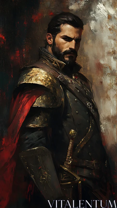 Stoic captain in scarlet cloak and weathered gold armor.