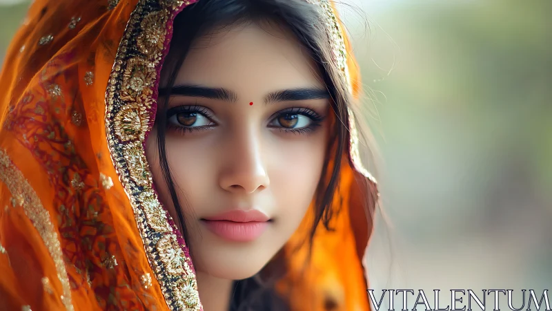 Portrait of a Woman in Ornate Orange Sari, Soft Focus Style.