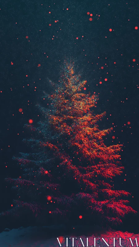 Midnight fir ignites in ember-bright winter snowfall.