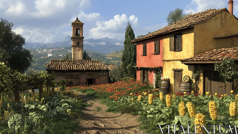 Sunlit Tuscan farmhouse rendered with high-detail vegetation shaders