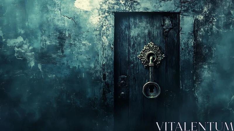 Ornate brass keyhole anchors dark weathered wooden door