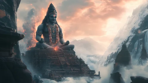 Colossal mountain deity statue dominates misty temple valley.