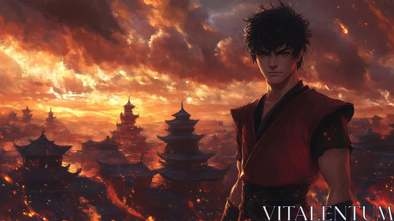 Martial figure above burning pagoda city at sunset sky.