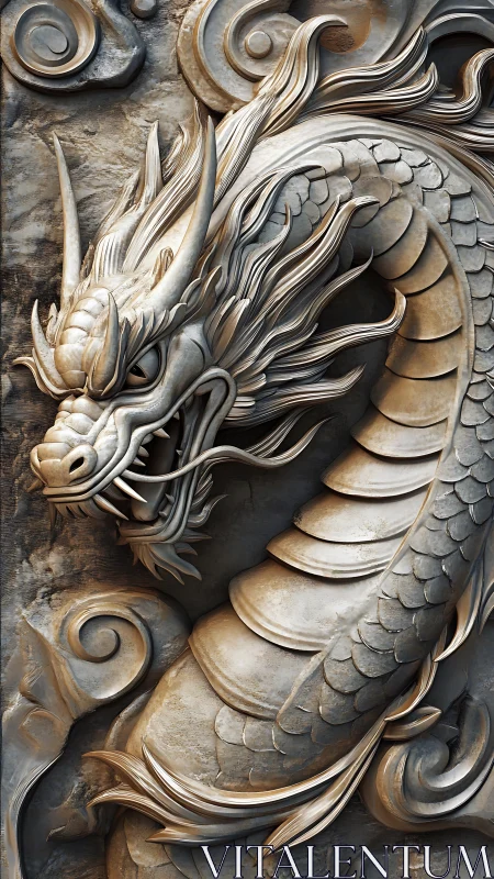 Carved stone dragon relief with detailed scales and horns.