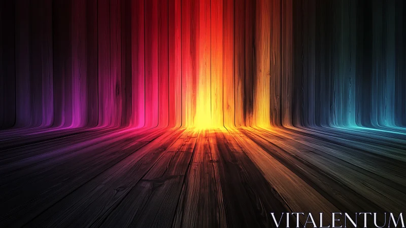 Chromatic light corridor with radiant wooden perspective walls.