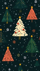 Stylized Christmas trees repeat over dark snowy background