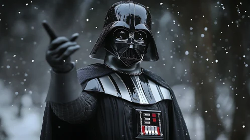 Armored sci fi villain commands power amid falling snow.