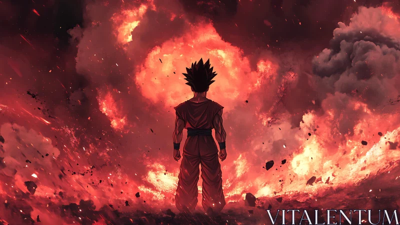 Lone warrior crowns a burning sky of erupting cosmic fire.