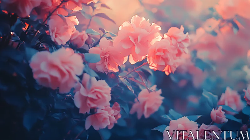 Illuminated Pink Roses with Warm Golden Hour Backlit Glow