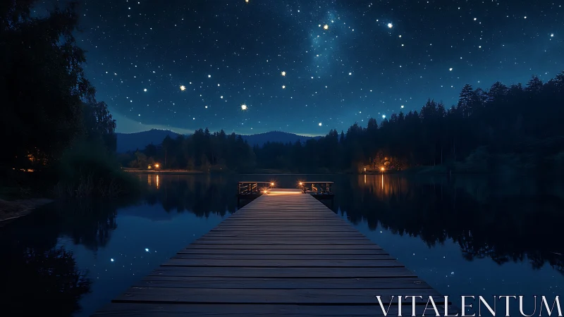 Wooden pier on calm lake under deep starry night sky.