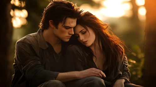 Intimate moment between two figures in golden hour lighting with soft focus background