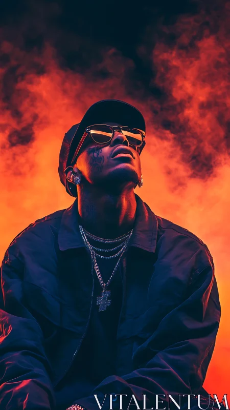 Glow-lit street style portrait in bold orange haze.