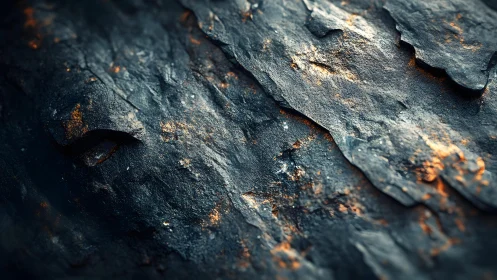 Close-up of Dark Textured Slate Rock Surface with Warm Lighting.