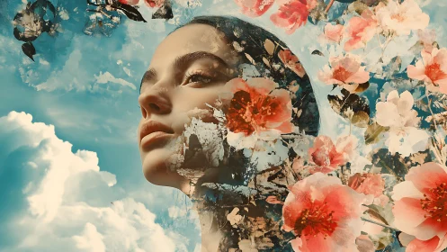 Surreal double exposure portrait merges florals and skyscape