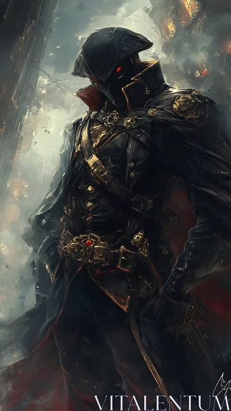 Masked figure in ornate black coat amid burning cityscape.