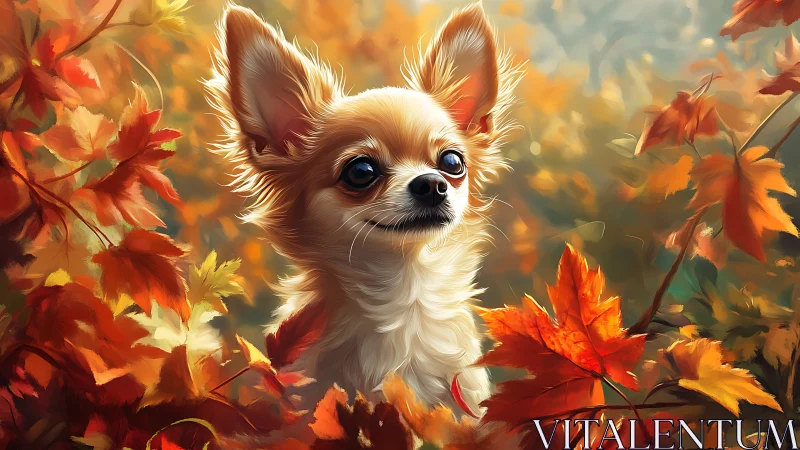 Tiny chihuahua peeking through glowing autumn leaves warmly.