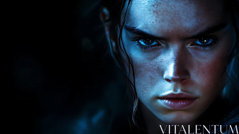 Close frontal portrait of intense blue-lit female face.