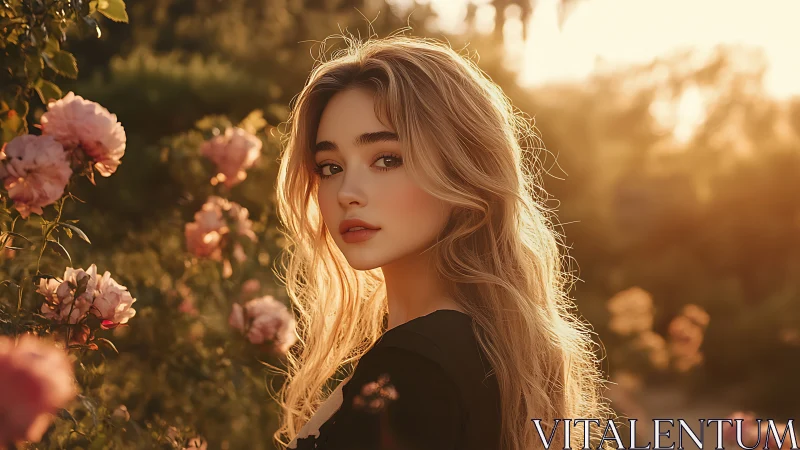 Woman stands in rose garden at sunset, looking to camera