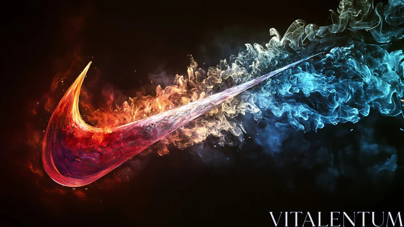 Fiery red swoosh collides with cool blue smoke trail.