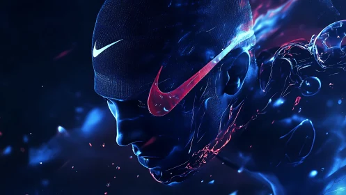 Neon-infused runner profile in fluid blue and crimson light.