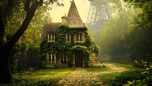 Ivy-covered stone cottage in lush garden near tall tower.