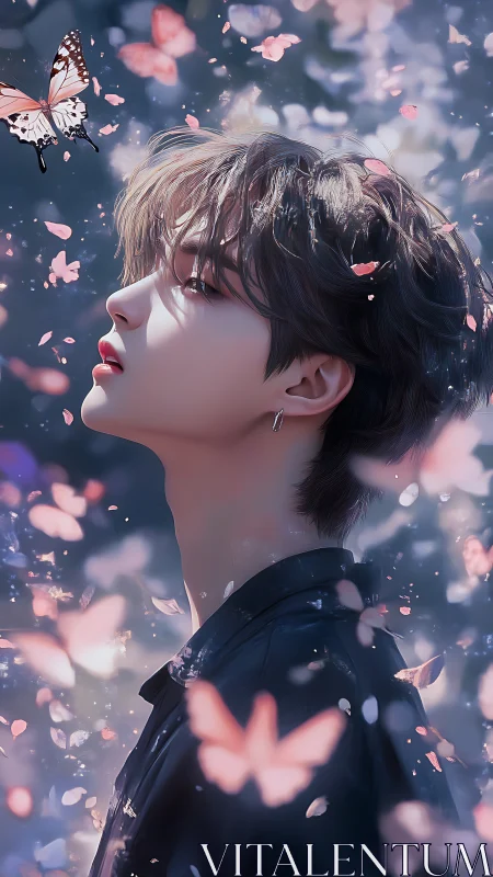 Youthful figure gazes toward drifting butterflies in bloom