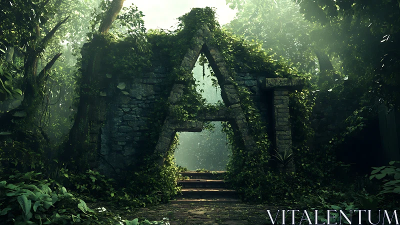 Ancient stone AI gateway stands in lush overgrown jungle.