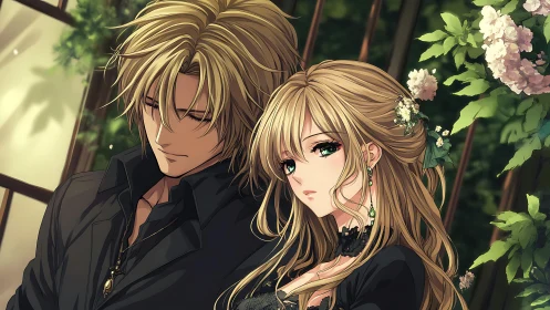 Two Elegant Characters in Garden Romance Scene.