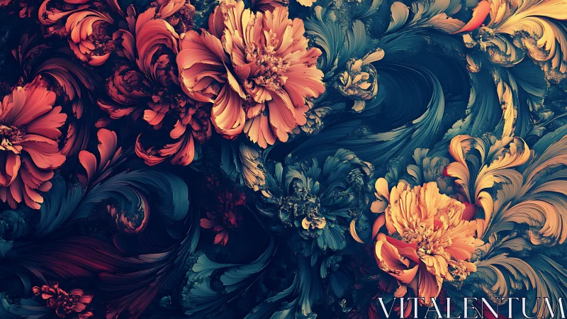 Floral fractal blooms swirl in rich teal and ember light