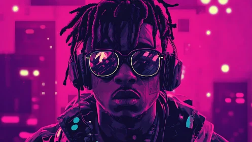 Neon cyber DJ in futuristic city glow listens deeply.