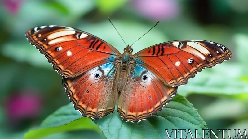 Macro capture of orange butterfly wingspread on green foliage