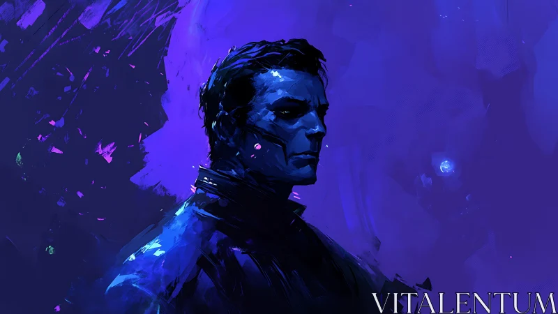 Brooding blue male portrait in abstract neon space.