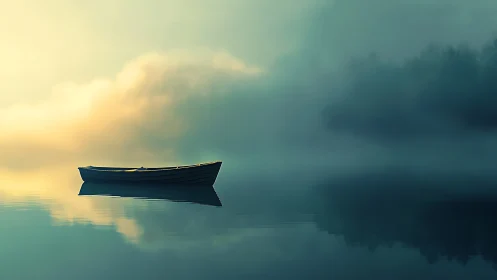Lone boat drifting through pastel dawn fog and whispered light.