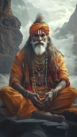 Mountain sage in deep meditation among swirling clouds.