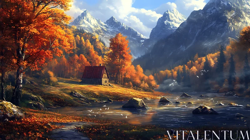 Mountain valley cabin stands beside calm autumn river