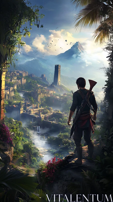 Lone adventurer surveys misty jungle ruins at sunrise