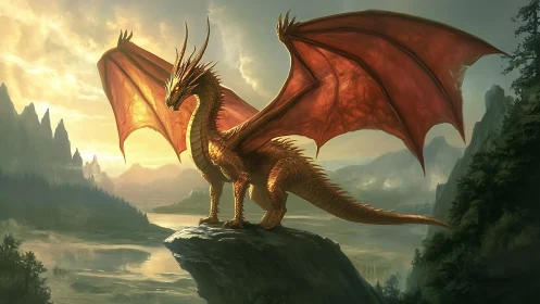 Golden dragon dominates misty valley from cliff edge at dawn