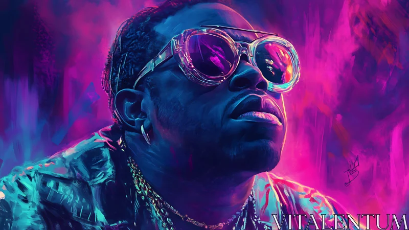 Portrait shows man in neon glasses against vivid purple light