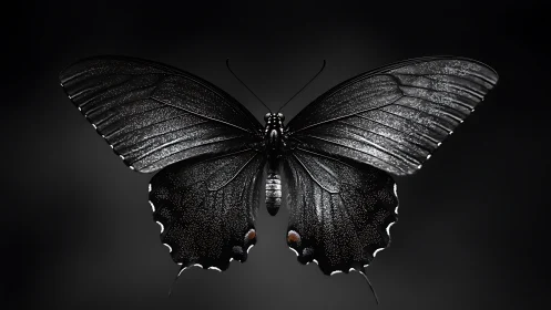 Black butterfly on dark background with open wings.