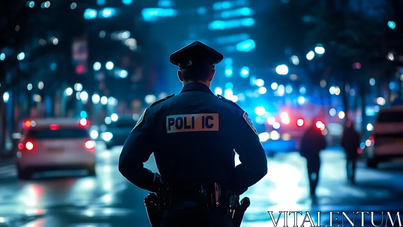 Police officer observing illuminated urban street at night.