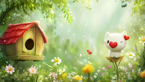 Cute heart-eyed cat and birdhouse in dreamy garden scene.