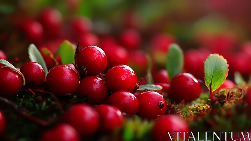 Close-up view of red berries on forest ground surface.