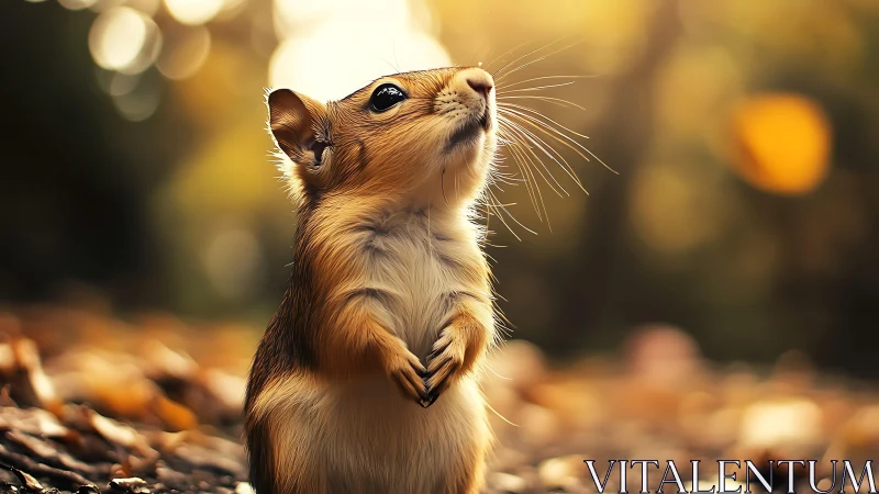Sunlit chipmunk gazes upward in a dreamy autumn forest
