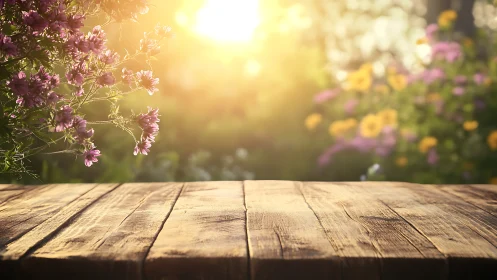 Backlit rustic wooden table with shallow‑focus summer flora.