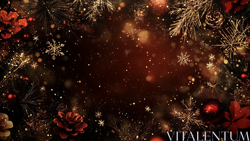 Luminous bokeh wreath with gold snowflakes and pinecones.