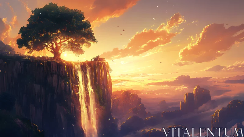 Golden cliffside waterfall beneath a glowing sunset tree.