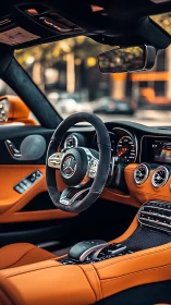 Mercedes cockpit with orange leather and shallow depth of field.