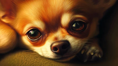 Close-up chihuahua portrait with luminous amber eyes.