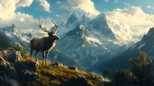 Stag stands on rocky alpine ridge before sunlit snowy peaks