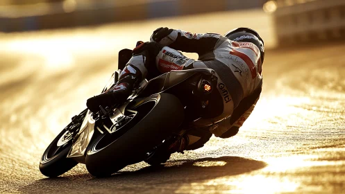 Motorcycle racer carves golden-lit corner at high speed.